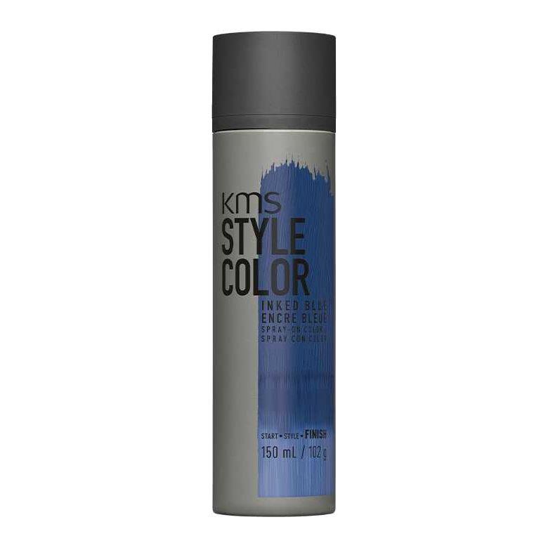 KMS Style Color Inked Blue hair spray, waterproof and heat-compatible for flexible styling, in a 150ml bottle.
