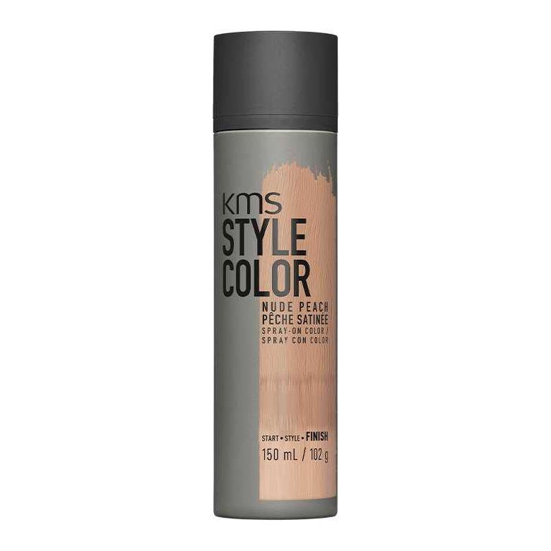 KMS Style Color Nude Peach spray for waterproof, temporary hair color, compatible with hot tools, 150ml bottle.