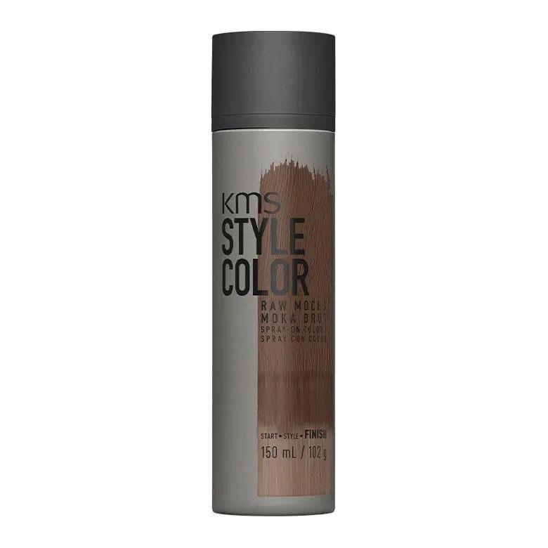 KMS Style Color Hair Spray in Raw Mocha for temporary color, waterproof and pillow-safe, ideal for all hair shades with heat tools.