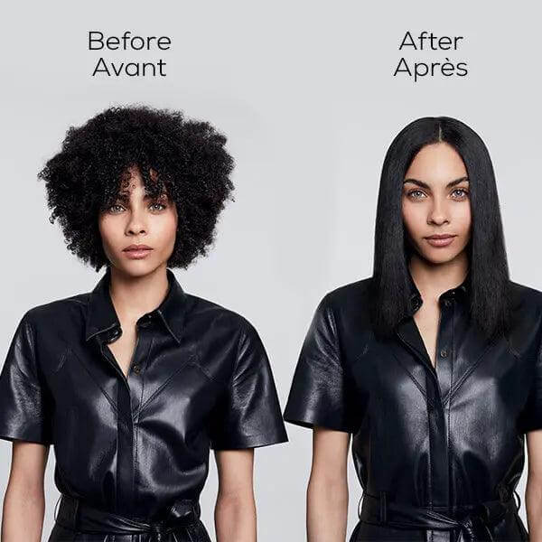 Woman before and after using L’Oréal Professionnel Steampod 3.0, showcasing smoother, straightened hair.