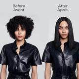 Woman before and after using L’Oréal Professionnel Steampod 3.0, showcasing smoother, straightened hair.