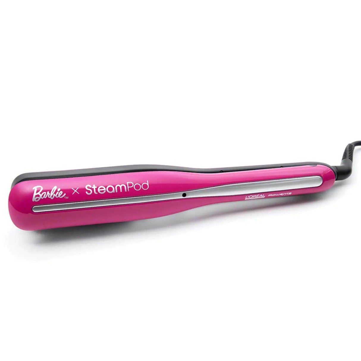 L'Oréal Professionnel Steampod 3.0 pink hair straightener with Barbie collaboration, offering innovative steam technology for smoother styling.