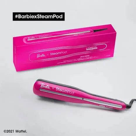 Barbie x L'Oréal Professionnel Steampod 3.0 in pink with box, showcasing sleek design and advanced steam technology for smooth hair.