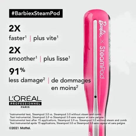 L’Oréal Professionnel Steampod 3.0 Barbie Edition offering 2X smoother, faster hair with 91% less damage, shown with product text.