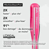 L’Oréal Professionnel Steampod 3.0 Barbie Edition offering 2X smoother, faster hair with 91% less damage, shown with product text.