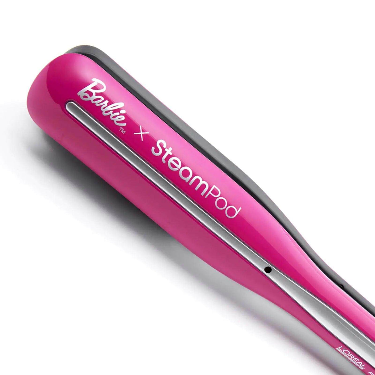 Barbie x L’Oréal Professionnel Steampod 3.0 hair straightener in pink, features innovative steam technology for smoother hair.