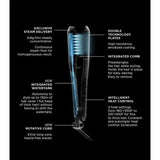 Diagram of L’Oréal Professionnel Steampod 3.0 features including steam delivery, integrated comb, heat control, and rotative cord.