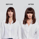 Before and after comparison of hair styled with the L’Oréal Professionnel Steampod 3.0, showcasing smoother, fuller hair results.