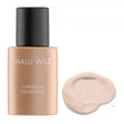 Malu Wilz Longwear Foundation bottle with liquid swatch demonstrating enduring coverage on a perfect complexion.