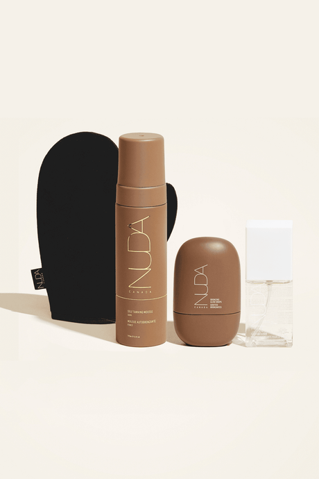 Ultimate Glow Kit with self tanning mousse, tanning mitt, facial tanners, and choice of body shimmer or bronzing glow drops