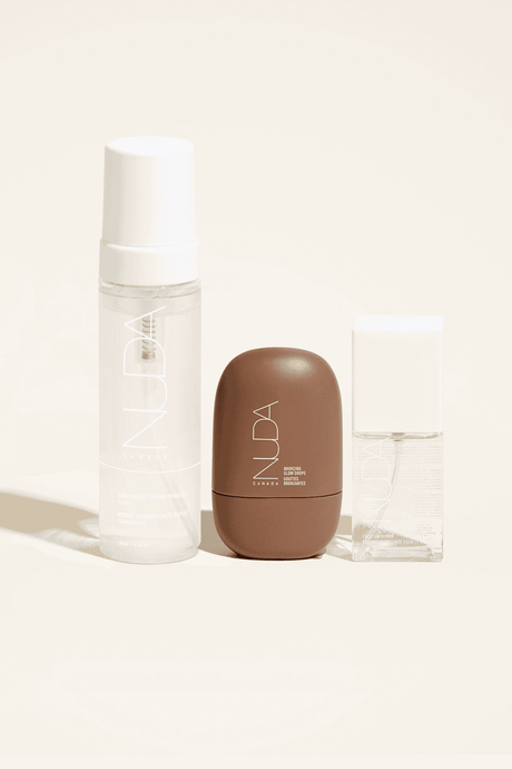 Ultimate Glow Trio self-tanning set with mousse, facial tanner, and bronzing drops for radiant skin and tailored glow.