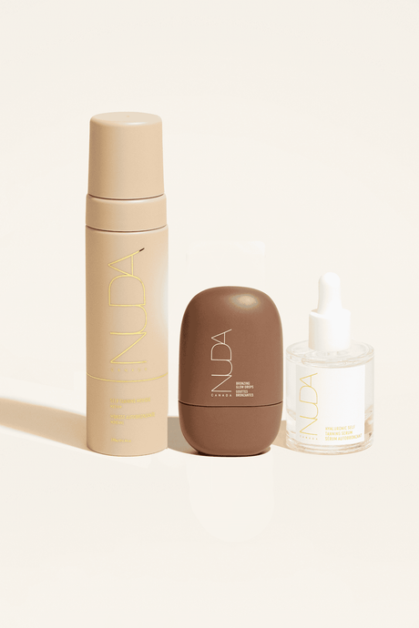 Ultimate Glow Trio featuring Self Tanning Mousse, facial self tanner, and Bronzing Glow Drops for a radiant, luminous complexion.