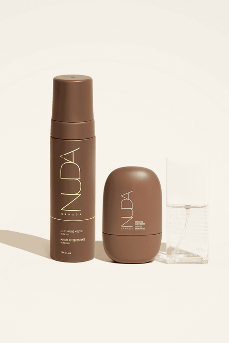 Ultimate Glow Trio with Self Tanning Mousse, facial tanners, and Bronzing Glow Drops for a radiant, customized tan.