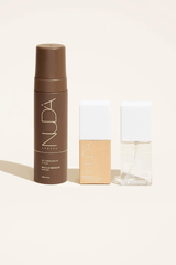 Ultimate Glow Trio set featuring Self Tanning Mousse, facial tanner, and Body Shimmer or Bronzing Glow Drops for a radiant complexion.