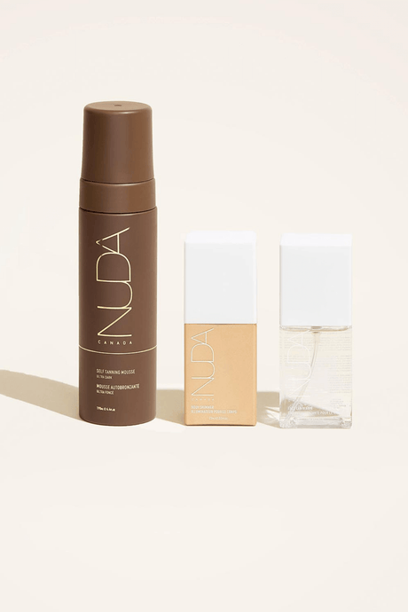 Ultimate Glow Trio set featuring Self Tanning Mousse, facial tanner, and Body Shimmer or Bronzing Glow Drops for a radiant complexion.