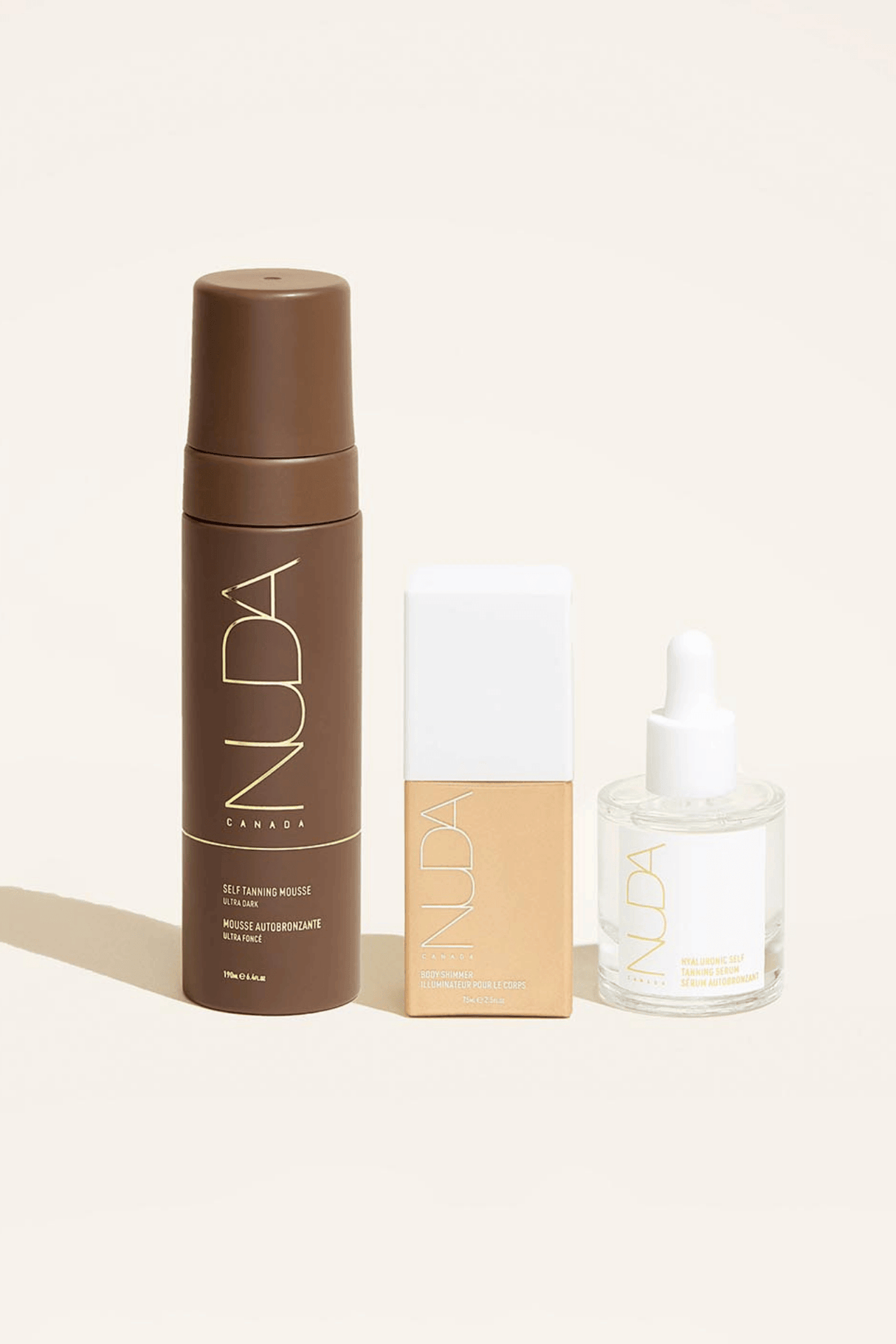 Ultimate Glow Trio with Self Tanning Mousse, Facial Tanner, and Bronzing Drops for a radiant, customized glow.