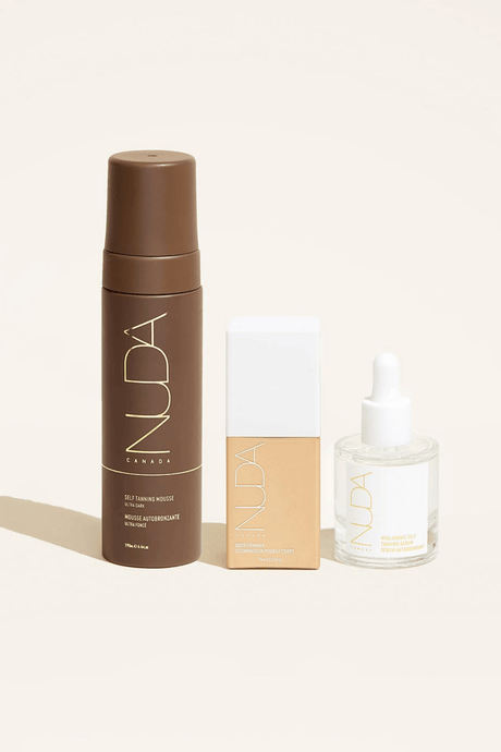 Ultimate Glow Trio with Self Tanning Mousse, Facial Tanner, and Bronzing Drops for a radiant, customized glow.