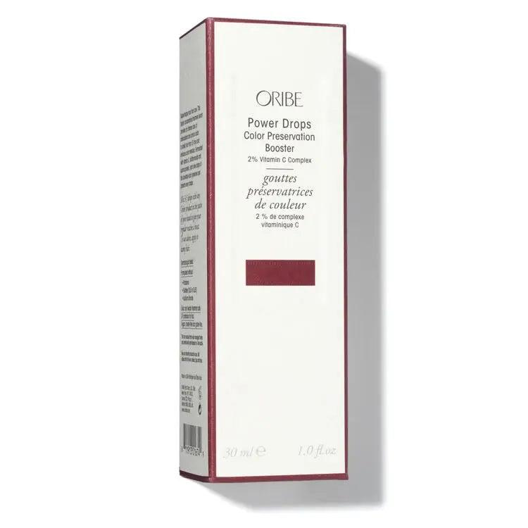 Power Drops Color Preservation Booster box packaging; boosts hair color longevity with antioxidants and UV protection.