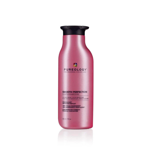 Pureology Smooth Perfection Shampoo for color-treated hair in 266ml bottle with violet, clove, and musk fragrance.
