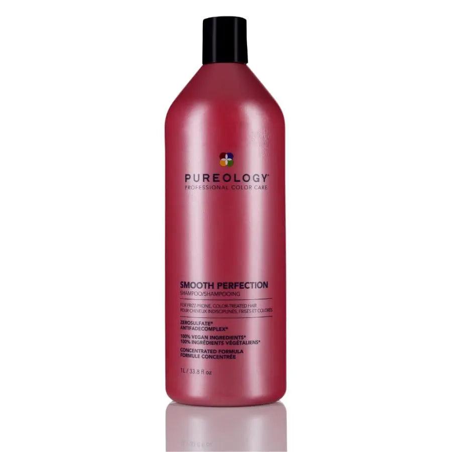 Bottle of Pureology Smooth Perfection Shampoo for color-treated hair with violet, clove, and musk scent, 33.8 fl oz size.