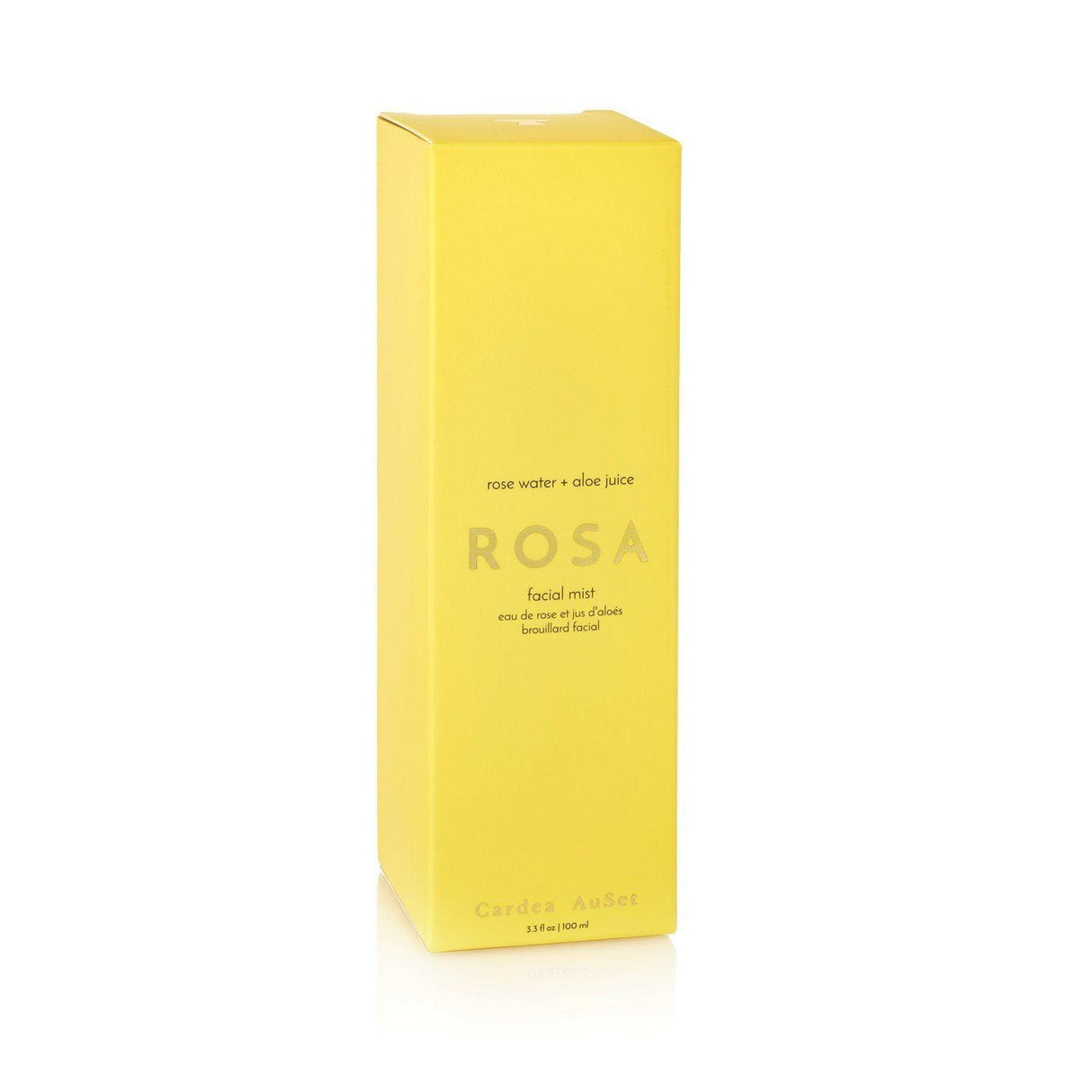 Rosa Facial Mist in yellow packaging, hydrating mist with rose water and aloe juice for reducing inflammation and revitalizing skin.