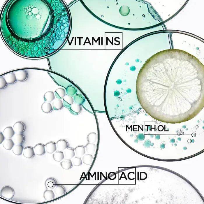 Kérastase Potentialiste serum ingredients including vitamins, menthol, amino acids, and a lime slice for scalp health.