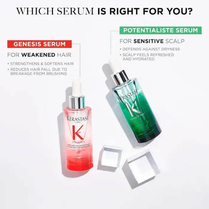 Kérastase Genesis and Potentialiste serums for weakened and sensitive hair with benefits listed on packaging.