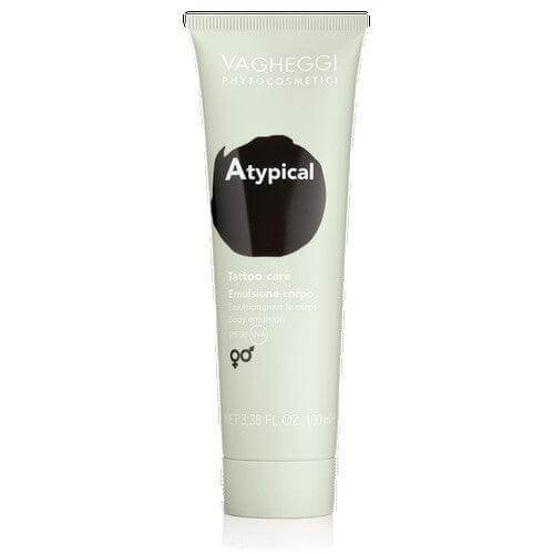 Atypical Tattoo Care SPF 30 cream, moisturizes and protects tattooed skin from UVA/UVB, preserves color vibrancy in 100ml tube.