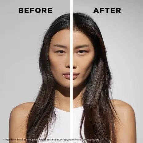 Before and after comparison showing results of using Kerastase Spécifique Cure Anti-Thinning Aminexil Scalp Treatment for hair health.