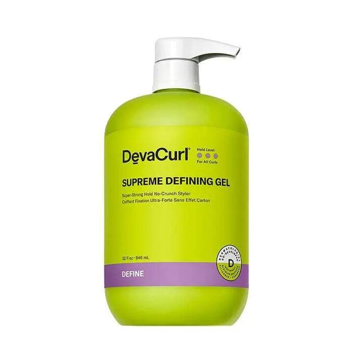 DevaCurl Supreme Defining Gel bottle with super-strong hold label. Designed for curl flexibility without crunch or flakes.