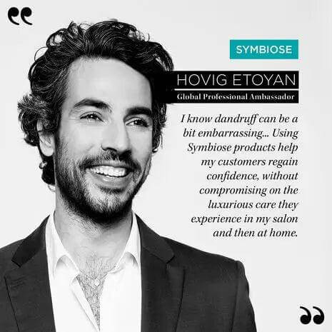 Man smiling with text endorsing Symbiose products by Hovig Etoyan, Global Professional Ambassador, mentioning luxurious care.