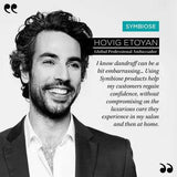 Man smiling with text endorsing Symbiose products by Hovig Etoyan, Global Professional Ambassador, mentioning luxurious care.