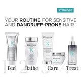 Kerastase Symbiose hair care products for sensitive and dandruff-prone scalps, featuring peel, bathe, care, and treat steps.
