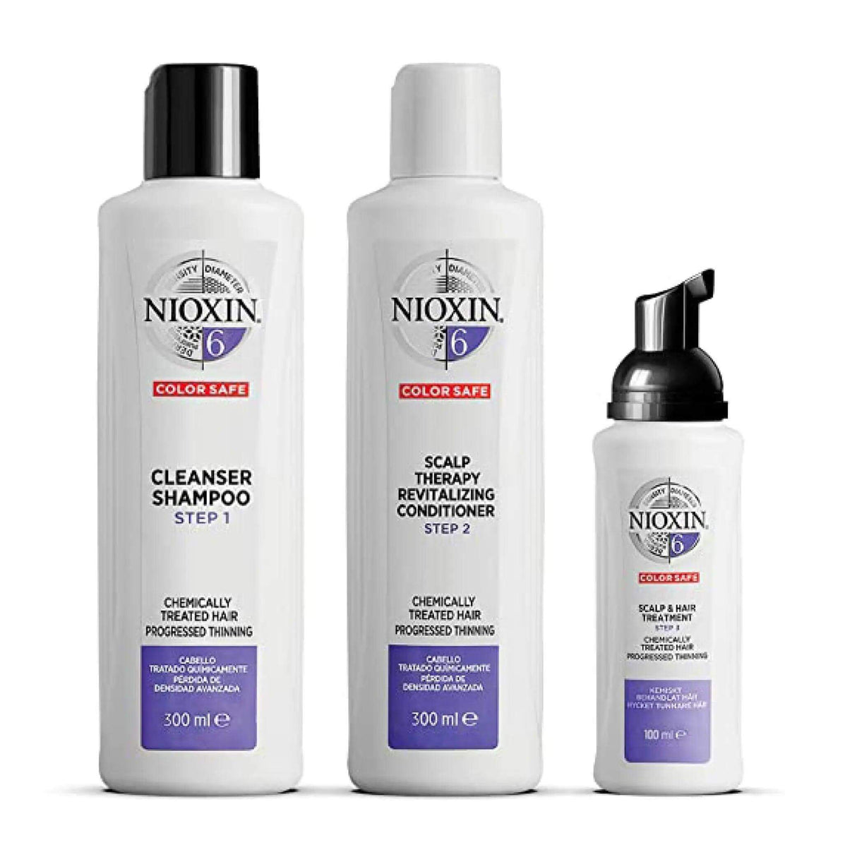 Nioxin Hair Care System 6 Kit for chemically treated, thinning hair includes shampoo, conditioner, and scalp treatment.