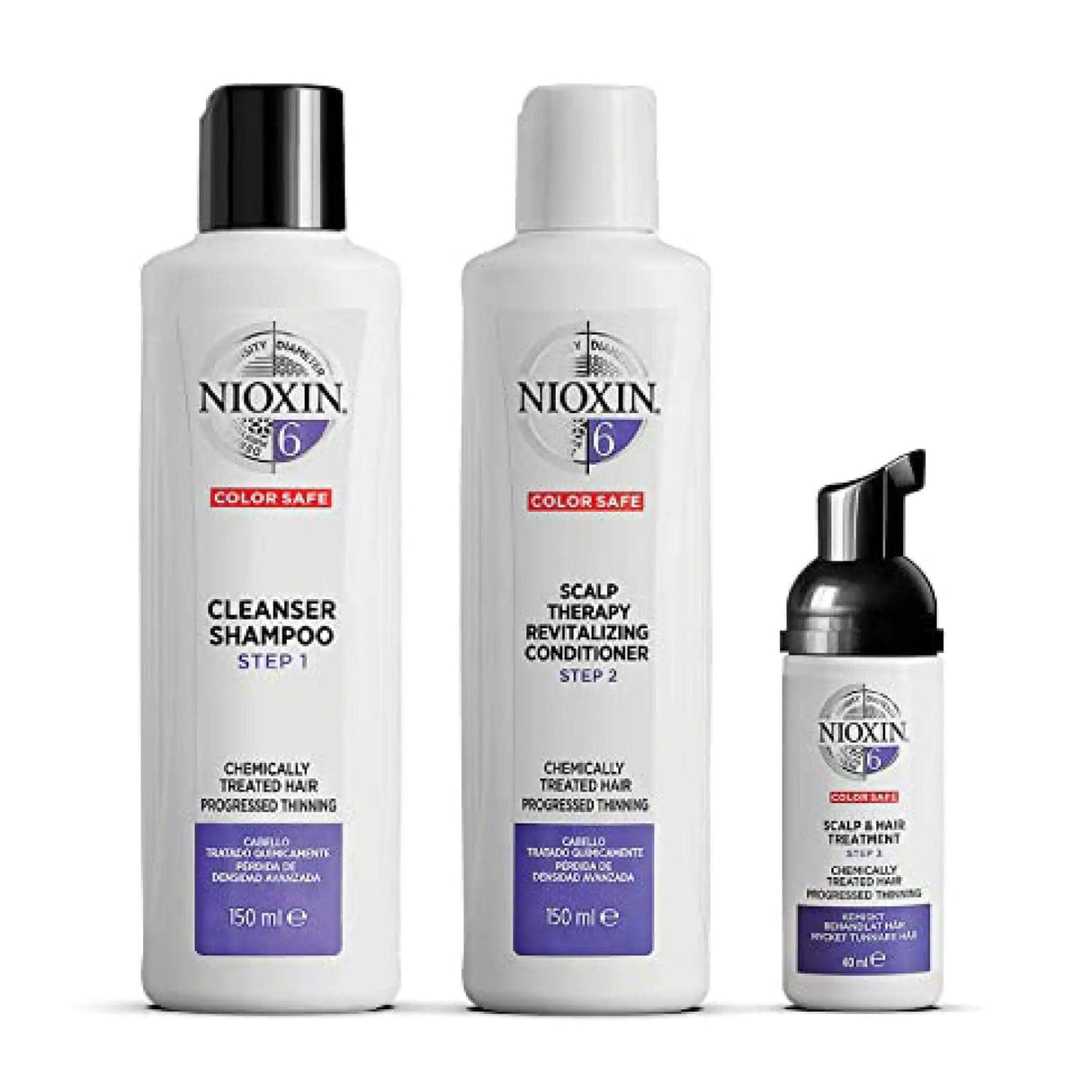 Nioxin Hair Care System 6 Kit for chemically treated thinning hair, includes shampoo, conditioner, treatment to enhance structure.