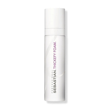 Sebastian Thickefy Foam bottle, volumizing mousse for fine hair, providing thickness, heat protection, and lightweight hold.