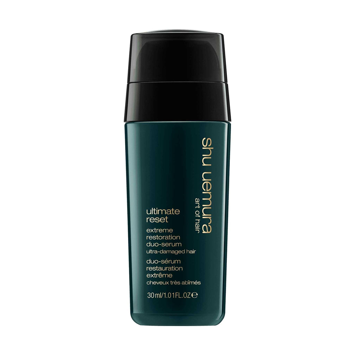 Shu Uemura Ultimate Reset Serum bottle for repairing severely damaged hair.