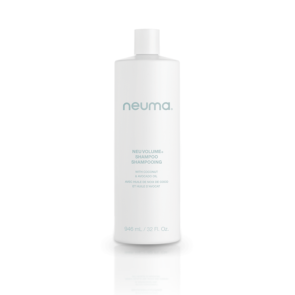 Neu Volume Shampoo bottle with sulfate-free formula for volumizing and strengthening hair, featuring a clean white design.