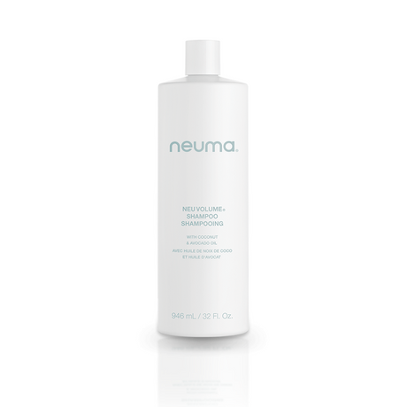Neu Volume Shampoo bottle with sulfate-free formula for volumizing and strengthening hair, featuring a clean white design.