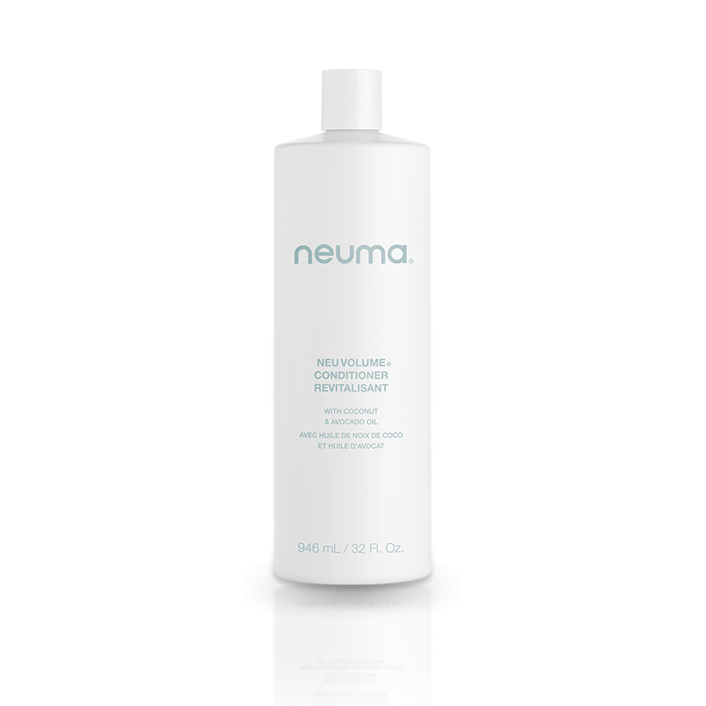 Neu Volume Conditioner bottle for fine hair, adds volume and shine, fragrance of fennel, ylang ylang, patchouli, vanilla, 946ml.