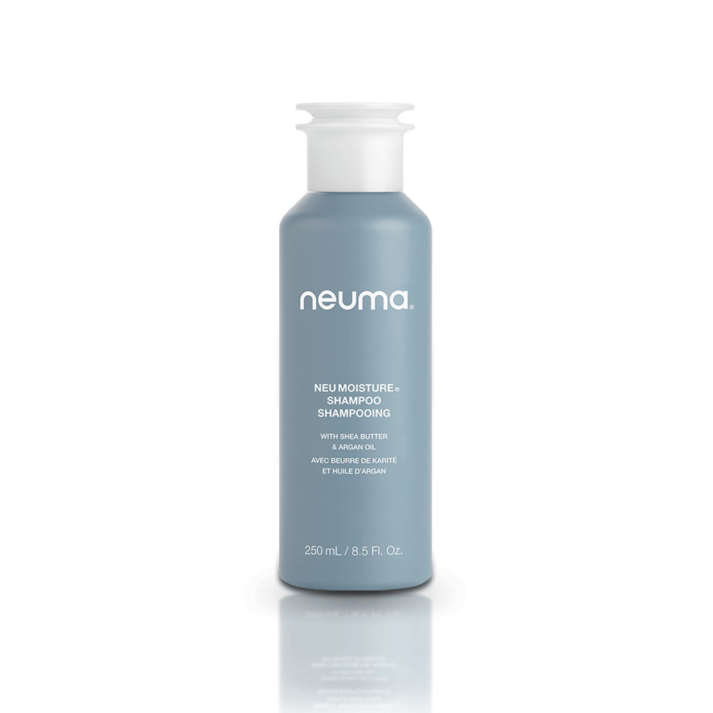 Neu Moisture Shampoo 250ml bottle with shea butter for hydration, restoring moisture balance, and leaving hair smooth and shiny.