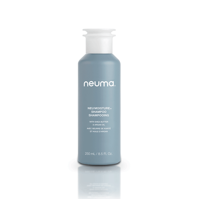 Neu Moisture Shampoo bottle with coconut-sourced, sulfate-free formula for gentle cleansing, hydration, and shine. Lavender aroma.