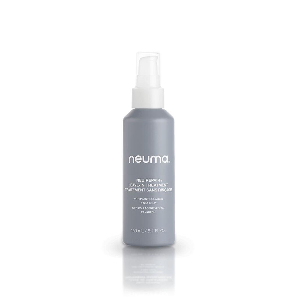 Neu Repair Leave-in Treatment bottle for nourishing and revitalizing damaged hair, with lemon, lavender, and fir needle aroma.