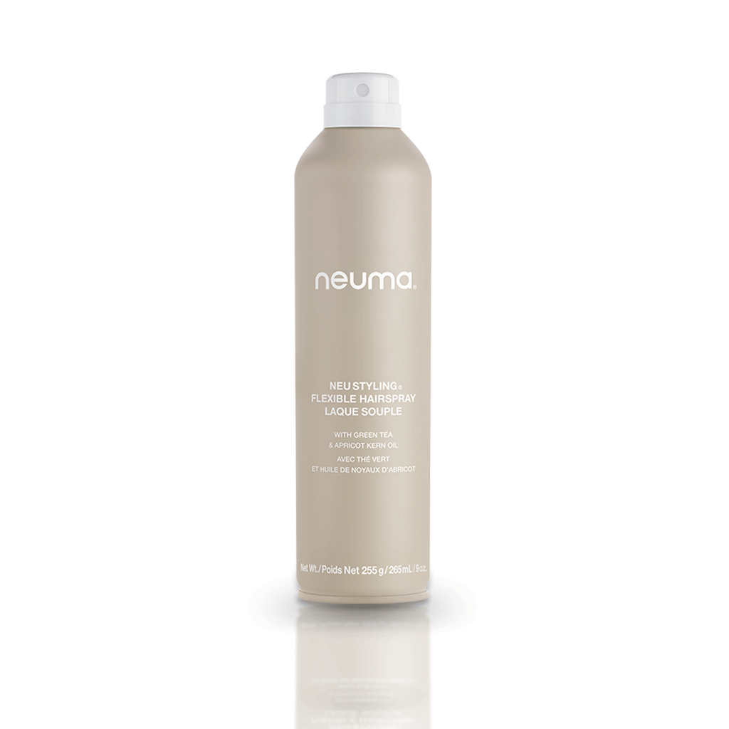 Neu Styling Flexible Hairspray bottle offering touchable, brushable hold with lavender, mandarin, and vanilla fragrance.