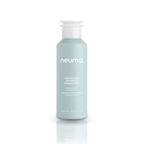 Neu Volume Shampoo bottle with sulfate-free formula for boosting hair volume and shine, featuring coconut oil for gentle cleansing.