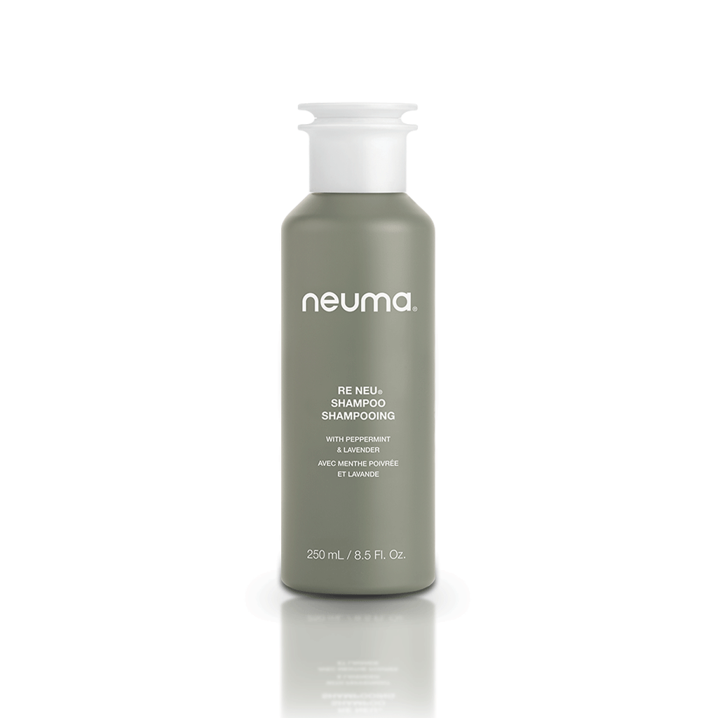 Re Neu Clarifying Shampoo bottle with peppermint and vanilla scent, gentle purifying formula for clean and vibrant hair.