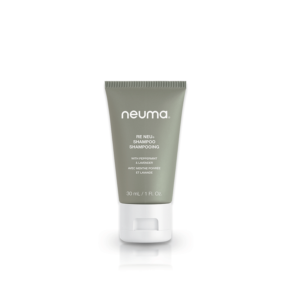 Re Neu Clarifying Shampoo tube with peppermint and vanilla scent, 30mL. Sulfate-free, coconut-derived formula for gentle cleansing.