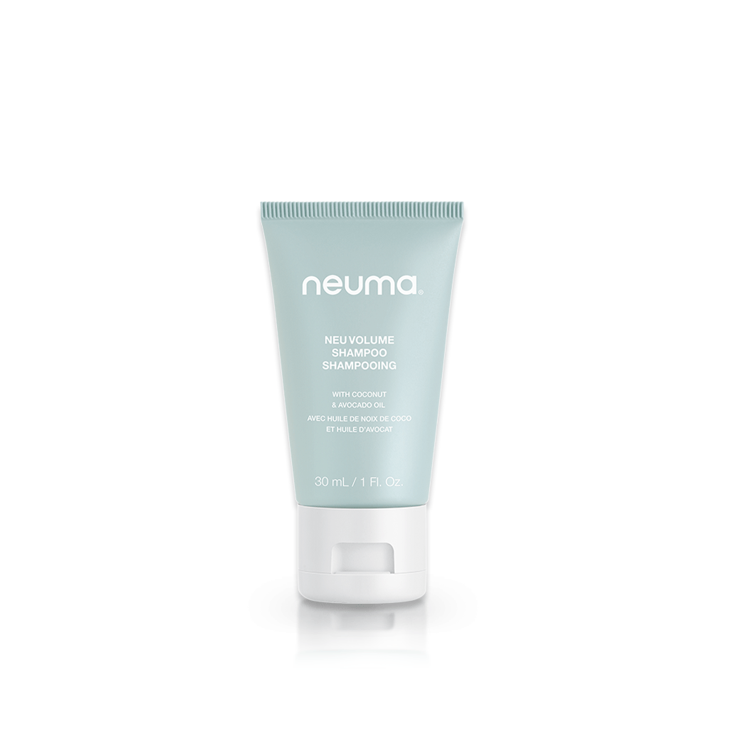 Neu Volume Shampoo bottle, 30ml, sulfate-free, enhances volume, shine, detangles, fortifies, suitable for gentle hair cleansing.
