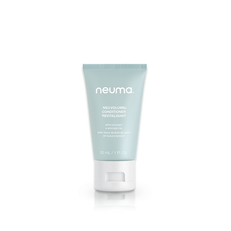 Neu Volume Conditioner 30ml tube, enhances volume and shine with fennel, ylang ylang, patchouli, and vanilla fragrance.
