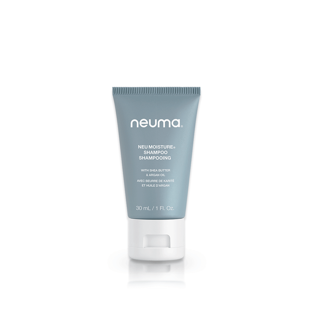 Neu Moisture Shampoo tube on white background, featuring gentle cleansing with coconut-derived surfactants for smooth, shiny hair.